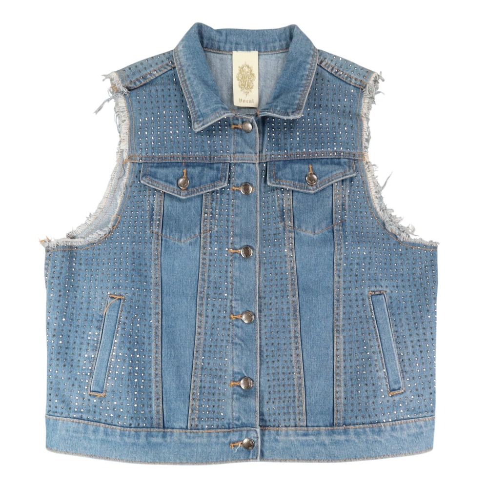 Vocal Denim Vest Womens XL Blue Cotton Studded Rhinestone Frayed Raw Edge Vest